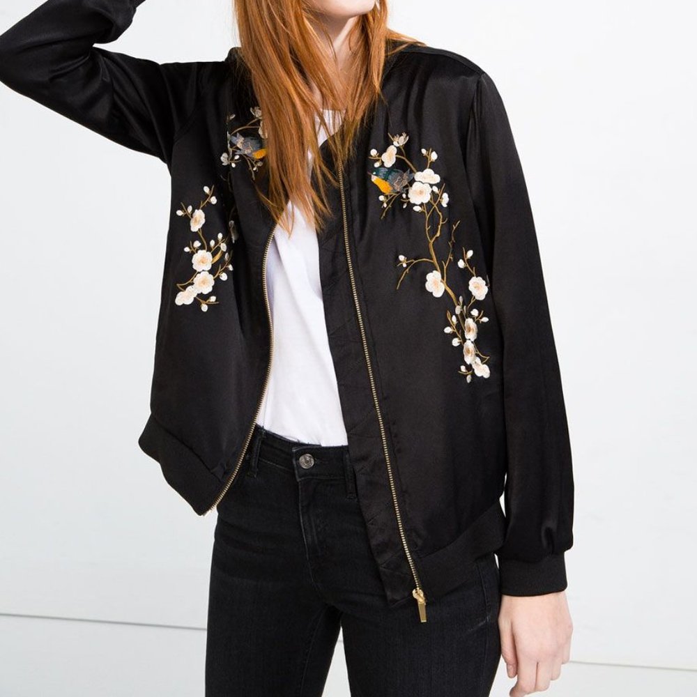 Zara Satin Embroidered Floral Bomber Jacket S EUC